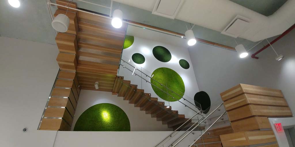Modern wooden staircase with vertical garden and circular green wall features. Vertical Gardens and Staircase at Avenues Leaning Center